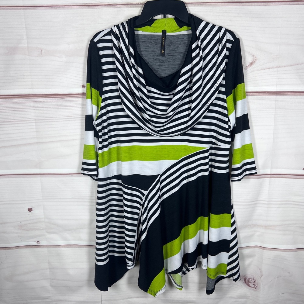 IC By Connie K Tunic Top Womens Medium Black White Striped Cowl Neck Blouse Knit